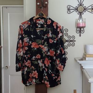 Skies Are Blue Wrap Top Blouse Navy Blue Peach Floral size 1X